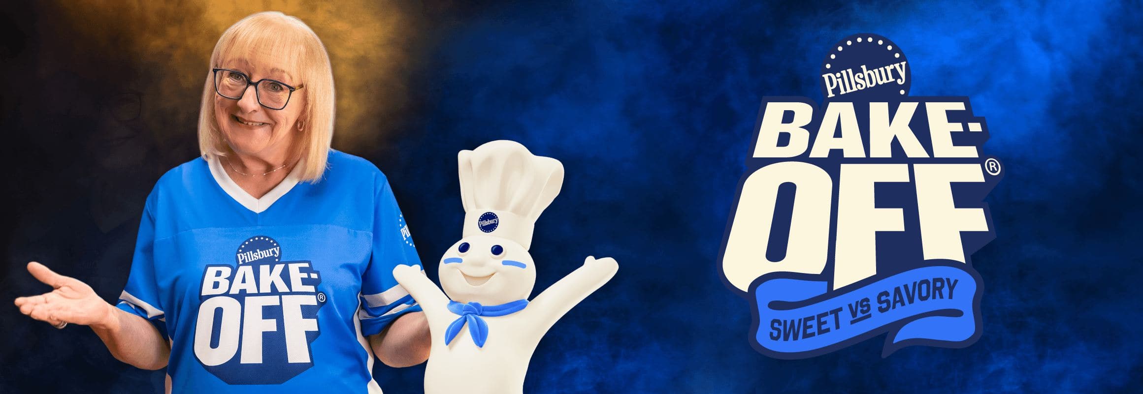 Donna Kelse in a Pillsbury Bake Off® jersey with the Pillsbury Doughboy. Text “Pillsbury Bake-Off™ Sweet vs. Savory”. 