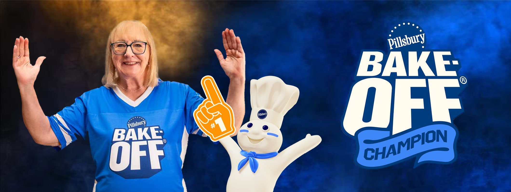 Donna Kelce in a Pillsbury Bake-Off® jersey with the Pillsbury Doughboy. Text “Pillsbury Bake-Off® Champion. 