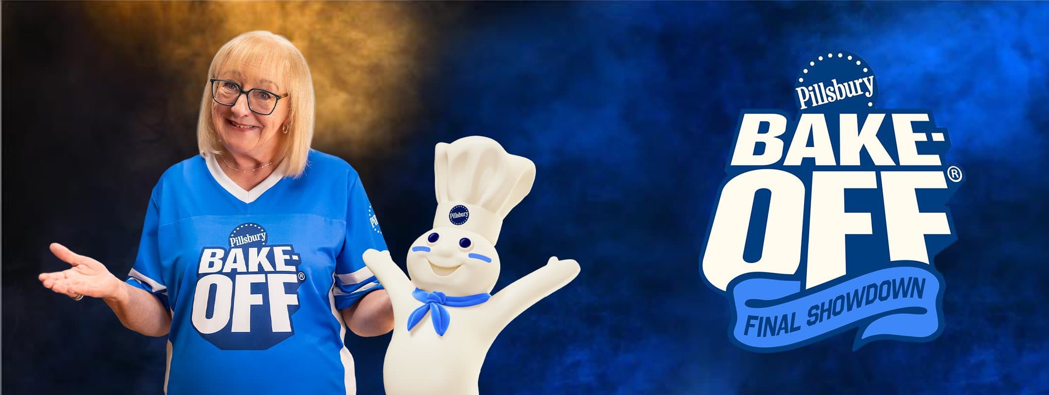 Donna Kelse in a Pillsbury Bake Off® jersey with the Pillsbury Doughboy. Text “Pillsbury Bake-Off™ Sweet vs. Savory”. 