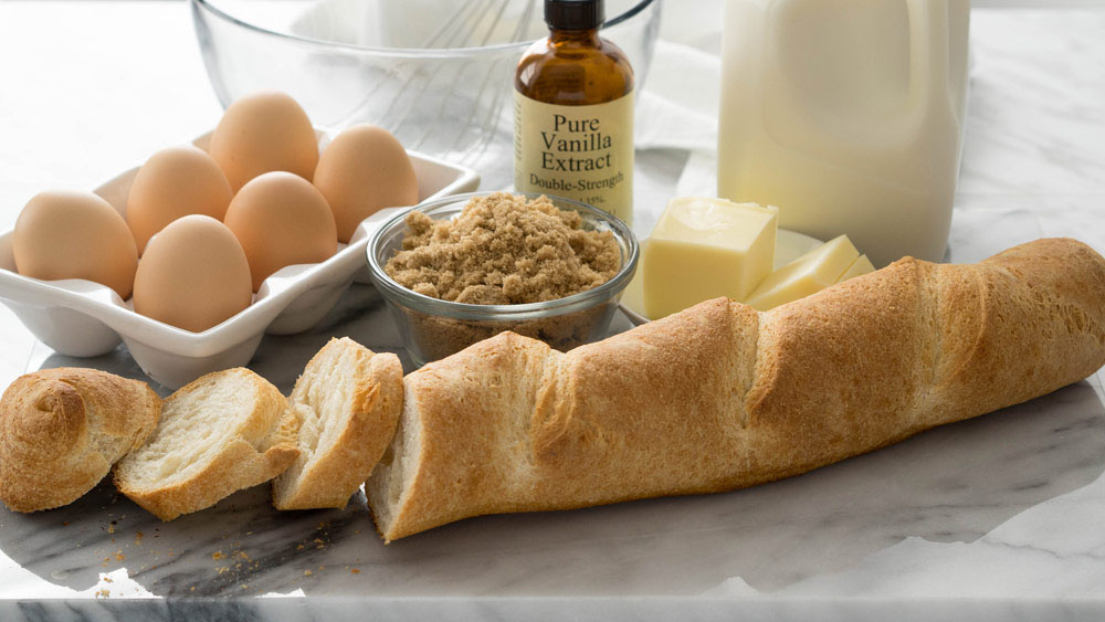 French Bread, eggs, vanilla, butter, brown sugar, milk