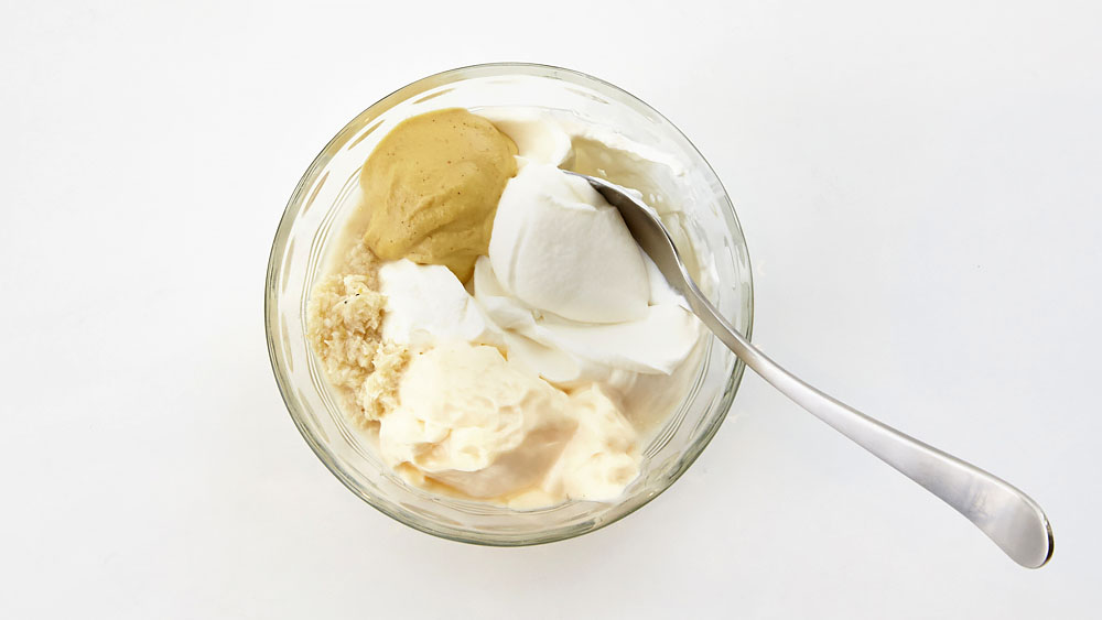 Combine horseradish, sour cream, mayonnaise and mustard in a small bowl.