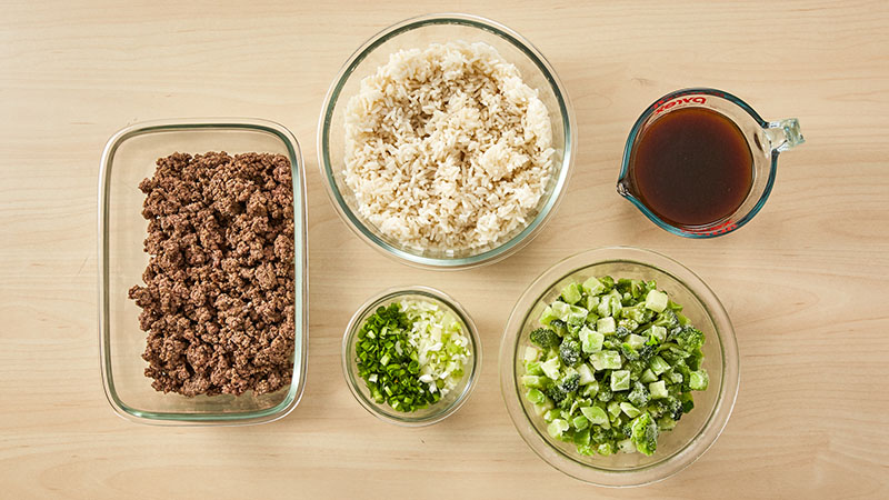 ground beef, rice, onion, broccoli, broth