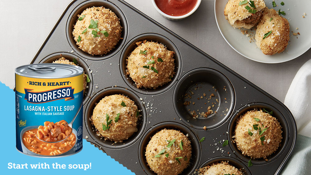 Progresso - Lasagna-Style with Italian Sausage; Muffin-Tin Cheesy Meatball Biscuit Bombs