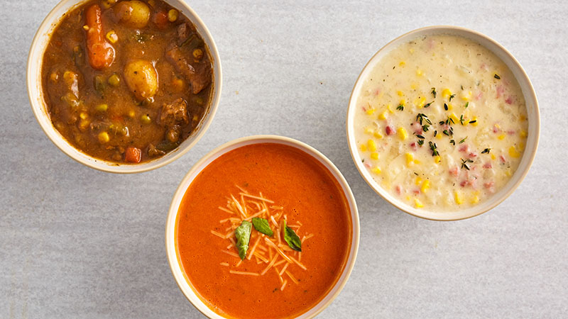 Dump-It Slow-Cooker Beef Stew, Creamy Tomato-Basil Soup, Easy Ham and Potato Corn Chowder)