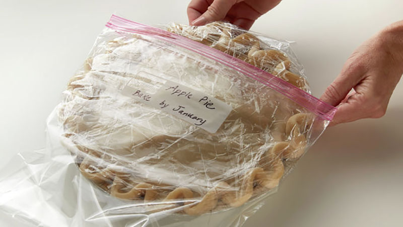 Place pie wrapped in plastic wrap inside a freezer bag