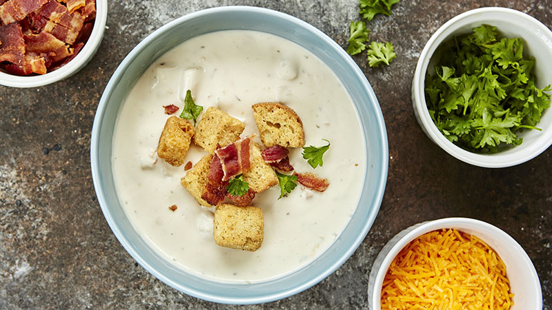 Progresso New England Clam Chowder, bacon, cheese, croutons and herbs