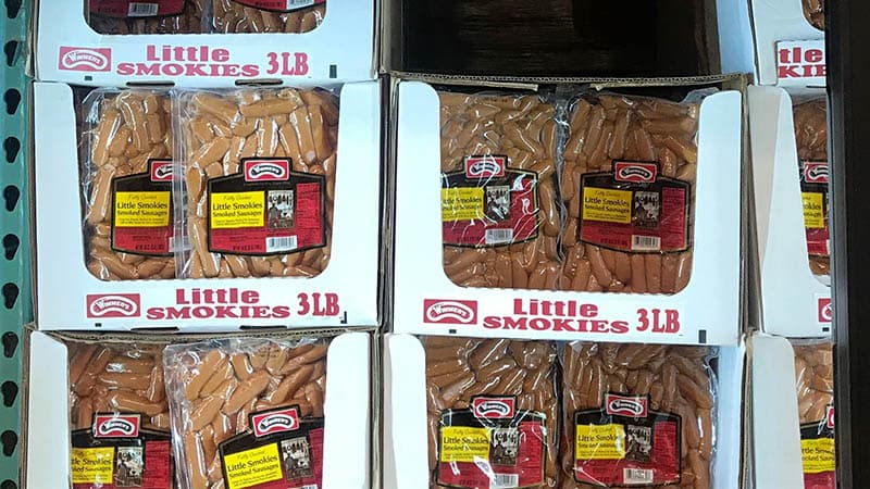 Little Smokies, $9.99/3 lbs (~120 sausages)