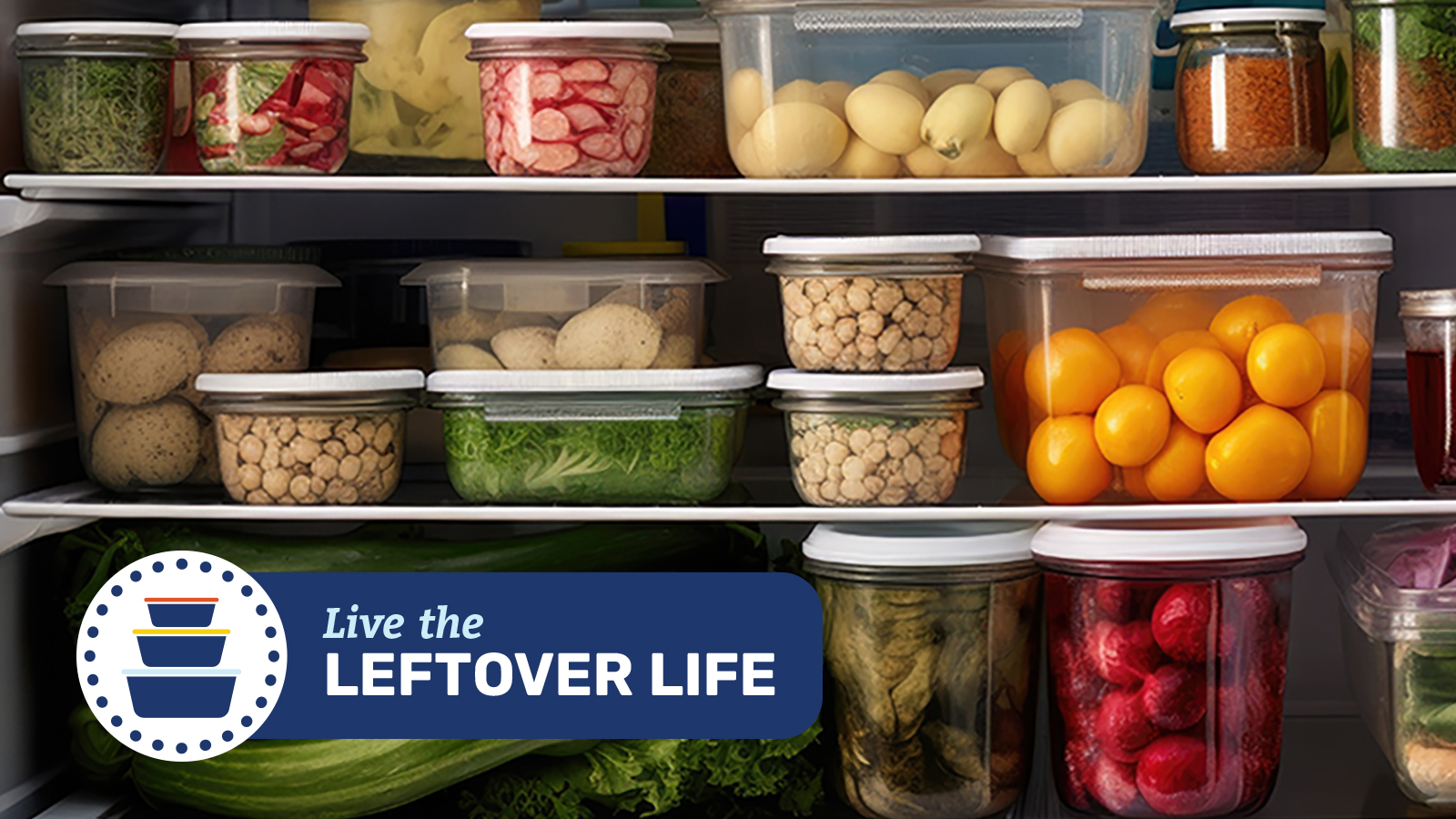Live the Leftover Life - food storage contains on a refrigerator shelf