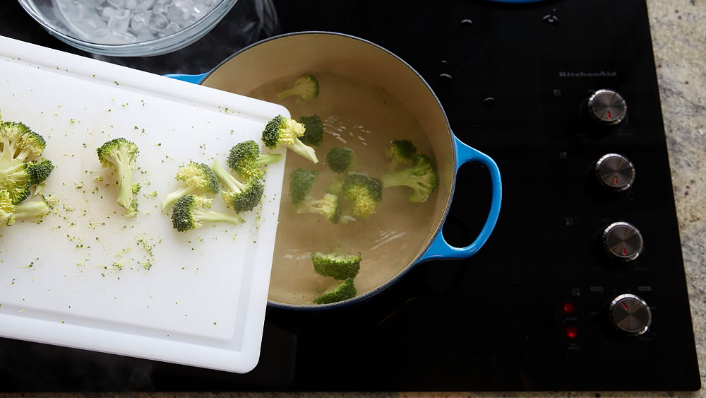 Add chopped broccoli to boiling water.