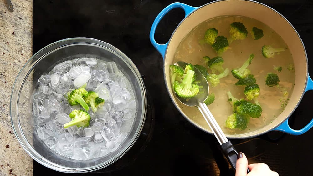 Remove broccoli with a slotted spoon and immediately place in the ice bath to stop cooking.