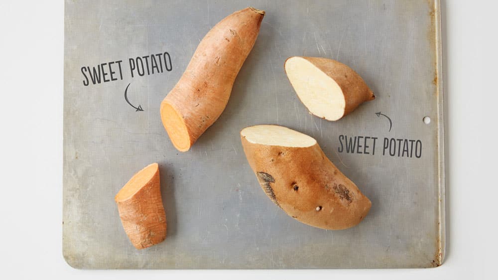 Sweet Potatoes on a baking sheet.