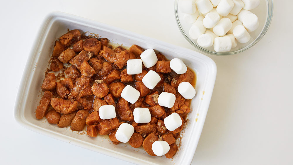 Sweet potatoes topped with marshmallows