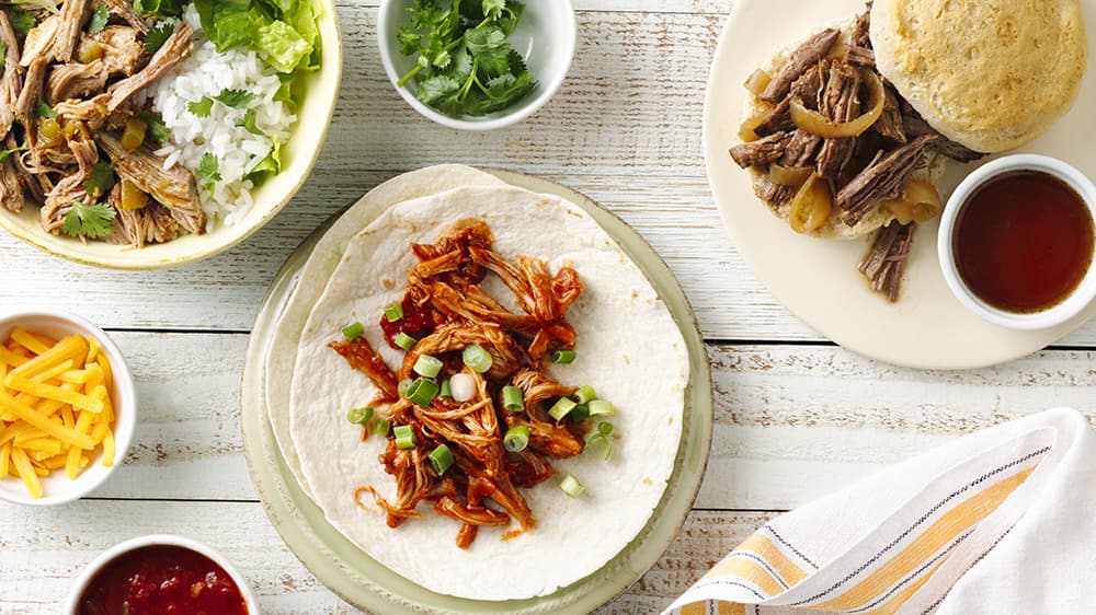 Slow-Cooker Mexican Pork Burrito Bowls, Slow-Cooker Shredded Mexican Chicken, Slow-Cooker Pulled Beef Sammies