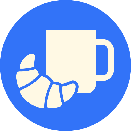 Blue circle icon with a white mug and crescent inside of it.