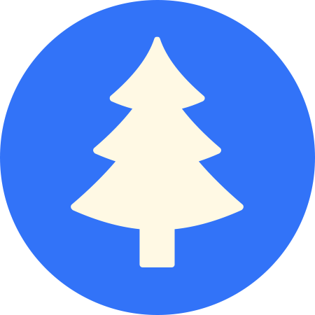 Blue circle icon with white Christmas tree inside of it.