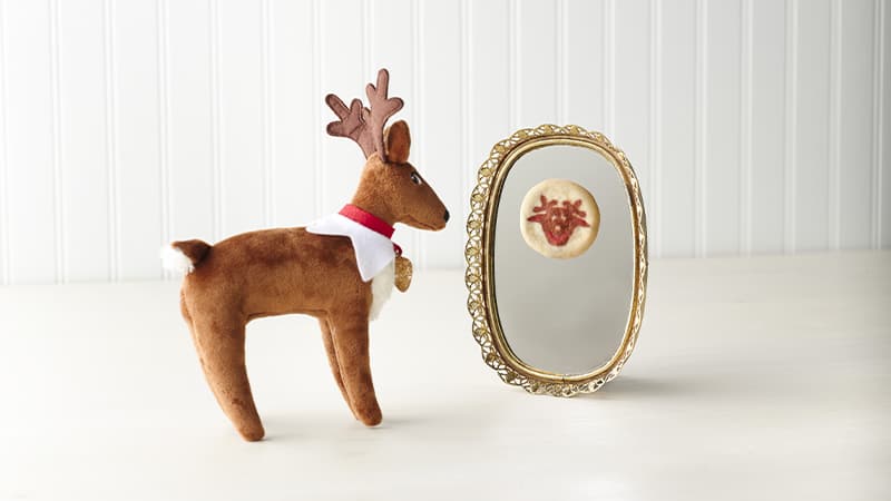 Toy reindeer looking at itself in a mirror with a reindeer cookie reflection