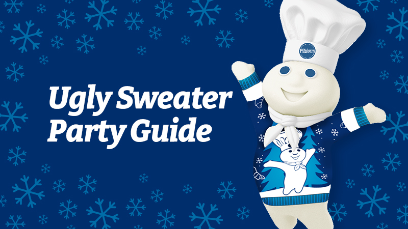 Ugly Sweater Party Guide - The Pillsbury Doughboy in a blue holiday sweater