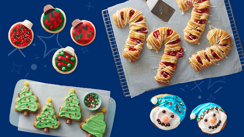 Easy Ornament Cookies, Mini Cherry Cheesecake Candy Cane Crescent Danishes, Christmas Tree Cinnamon Rolls, Snowman Cinnamon Rolls