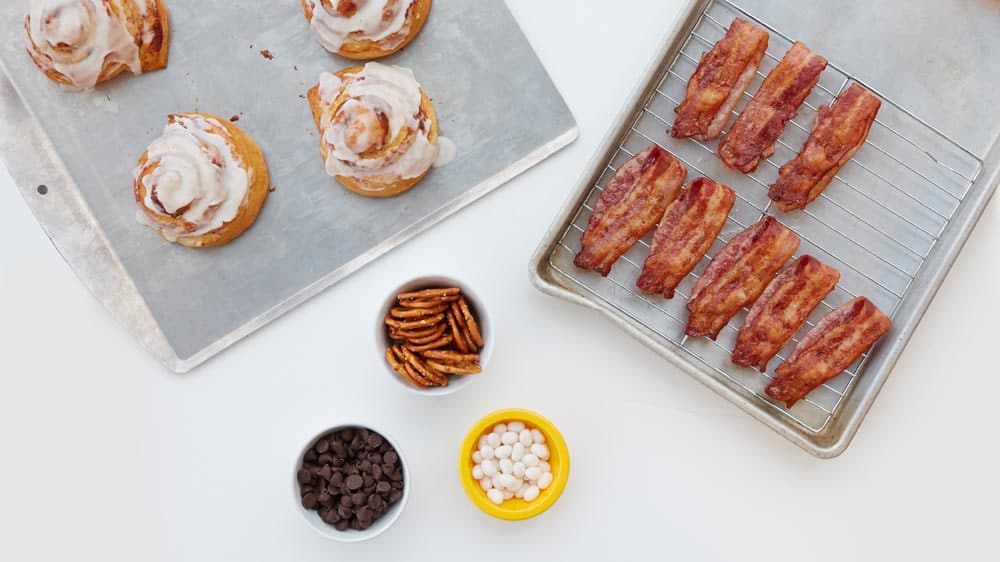Cinnamon rolls, bacon, pretzels, chocolate chips, jelly beans