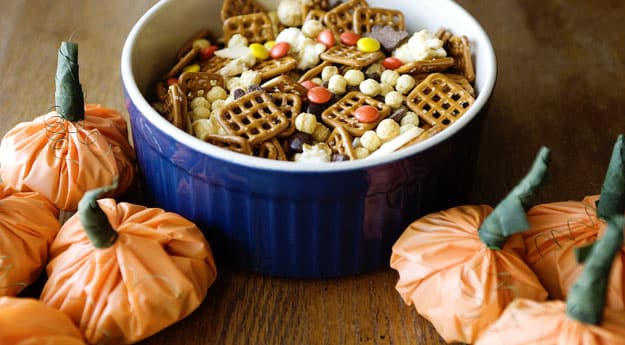 party mix in serving dish, snack mix pumpkins with green tape stems