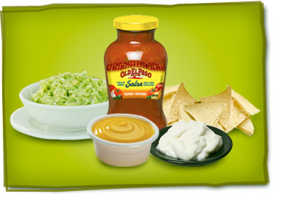 salsa, guacamole, cheese dip, sour cream and some chips