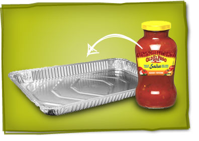 empty foil tray and bottle of salsa