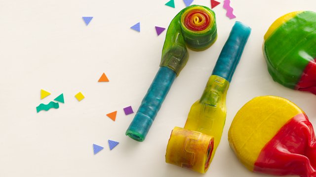 party horns made out of fruit roll-ups and fruit by the foot fruit flavored snacks