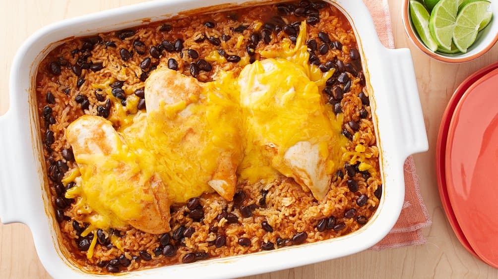 Cheesy Southwest Chicken and Rice Casserole prepared recipe