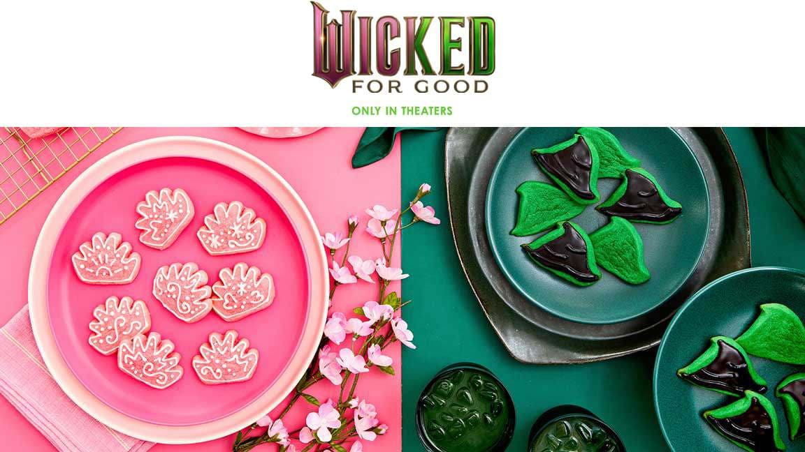 The image shows Pillsbury™ Ready to Bake!™ Wicked Cutout Shape™ Sugar Cookie Dough. On the left side there are pink tiara cookies on top of a pink serving plate with a cooling rack and a pink tea cup and saucer. There are pink flowers and napkins on the pink table. The right side of the image shows witches hat cookies in green and black against a dark green serving plate with an additional black plate underneath alongside a smaller green plate with cookies on it too. There are cups with green drinks in them and a green napkin against a green table.