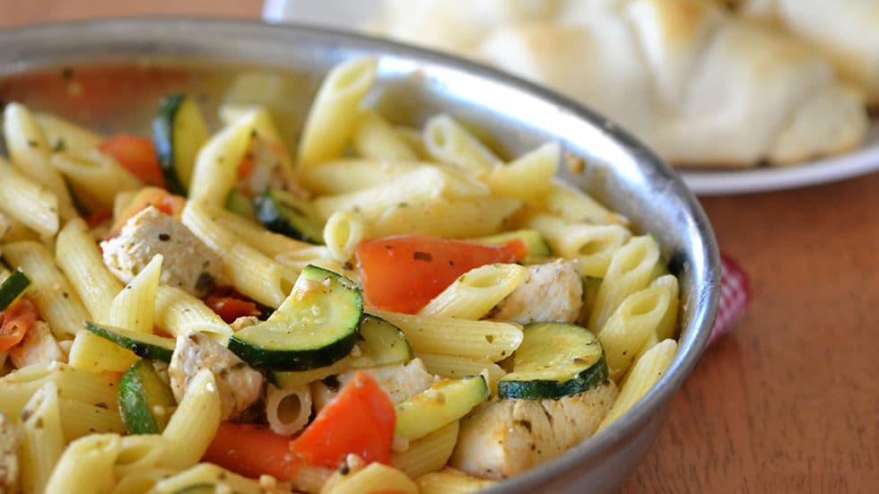 Tomato, Zucchini and Chicken Skillet Pasta
